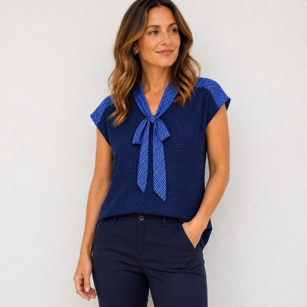 Banana Republic Navy Blue Geometric RibbonBow Cap Sleeve Blouse Medium-Tie